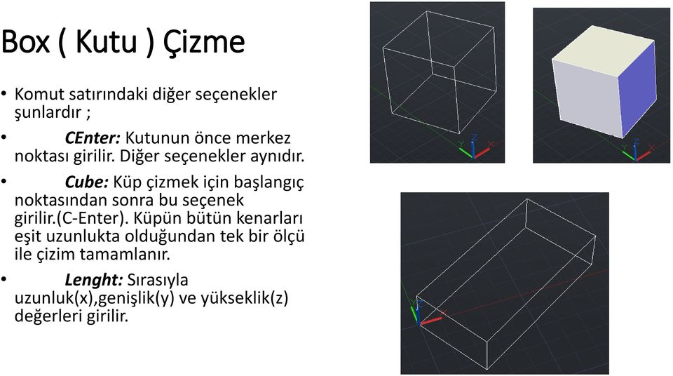 Cube: Küp çizmek için başlangıç noktasından sonra bu seçenek girilir.(c-enter).