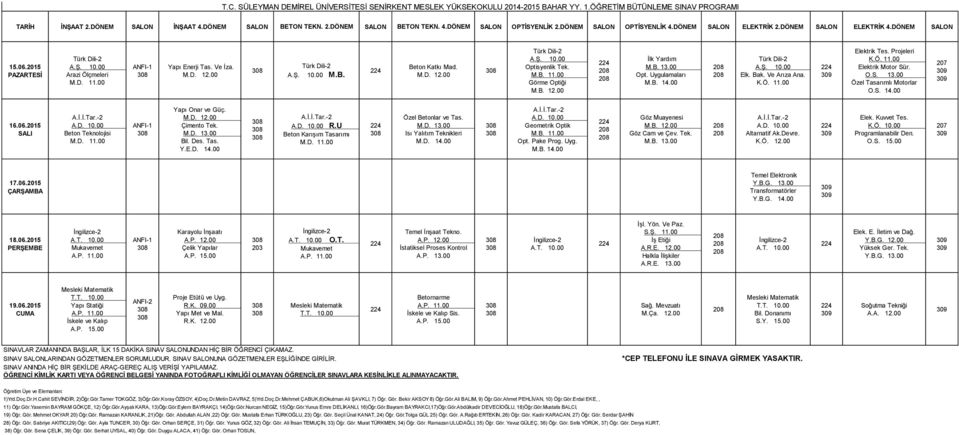 Ve Arıza Ana. K.Ö. 11.00 Elektrik Tes. Projeleri K.Ö. 11.00 Elektrik Motor Sür. O.S. 13.00 Özel Tasarımlı Motorlar O.S. 14.00 207 Beton Teknolojisi M.D. 11.00 Yapı Onar ve Güç. Çimento Tek. M.D. 13.00 Bil.