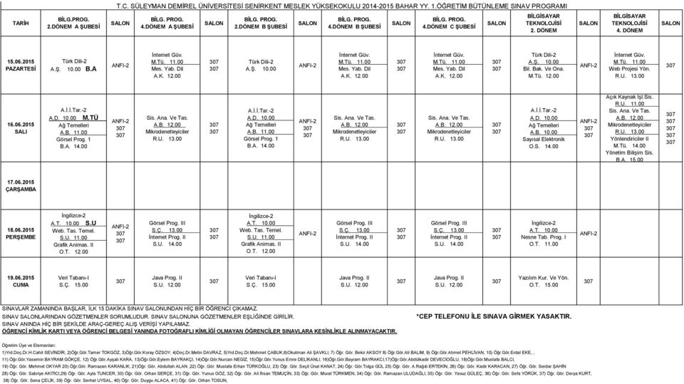 Bak. Ve Ona. M.Tü. 12.00 İnternet Güv. M.Tü. 11.00 Web Projesi Yön. M.TÜ Ağ Temelleri Görsel Prog. 1 B.A. 14.00 Sis. Ana. Ve Tas. Mikrodenetleyiciler Ağ Temelleri Görsel Prog. 1 B.A. 14.00 Sis. Ana. Ve Tas. Mikrodenetleyiciler Sis.