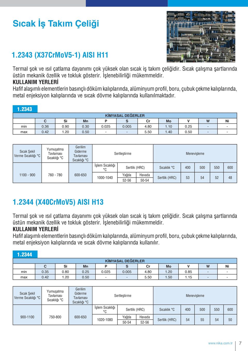 Hafif alaşımlı elementlerin basınçlı döküm kalıplarında, alüminyum profil, boru, çubuk çekme kalıplarında, metal enjeksiyon kalıplarında ve sıcak dövme kalıplarında kullanılmaktadır. 1.2343 min 0.