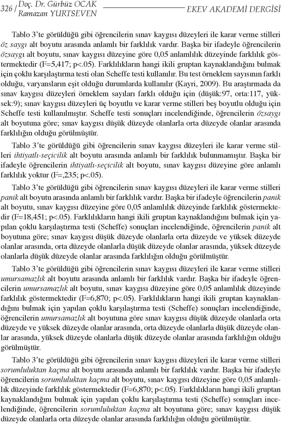 vardır. Başka bir ifadeyle öğrencilerin özsaygı alt boyutu, sınav kaygısı düzeyine göre 0,05 anlamlılık düzeyinde farklılık göstermektedir (F=5,417; p<.05).