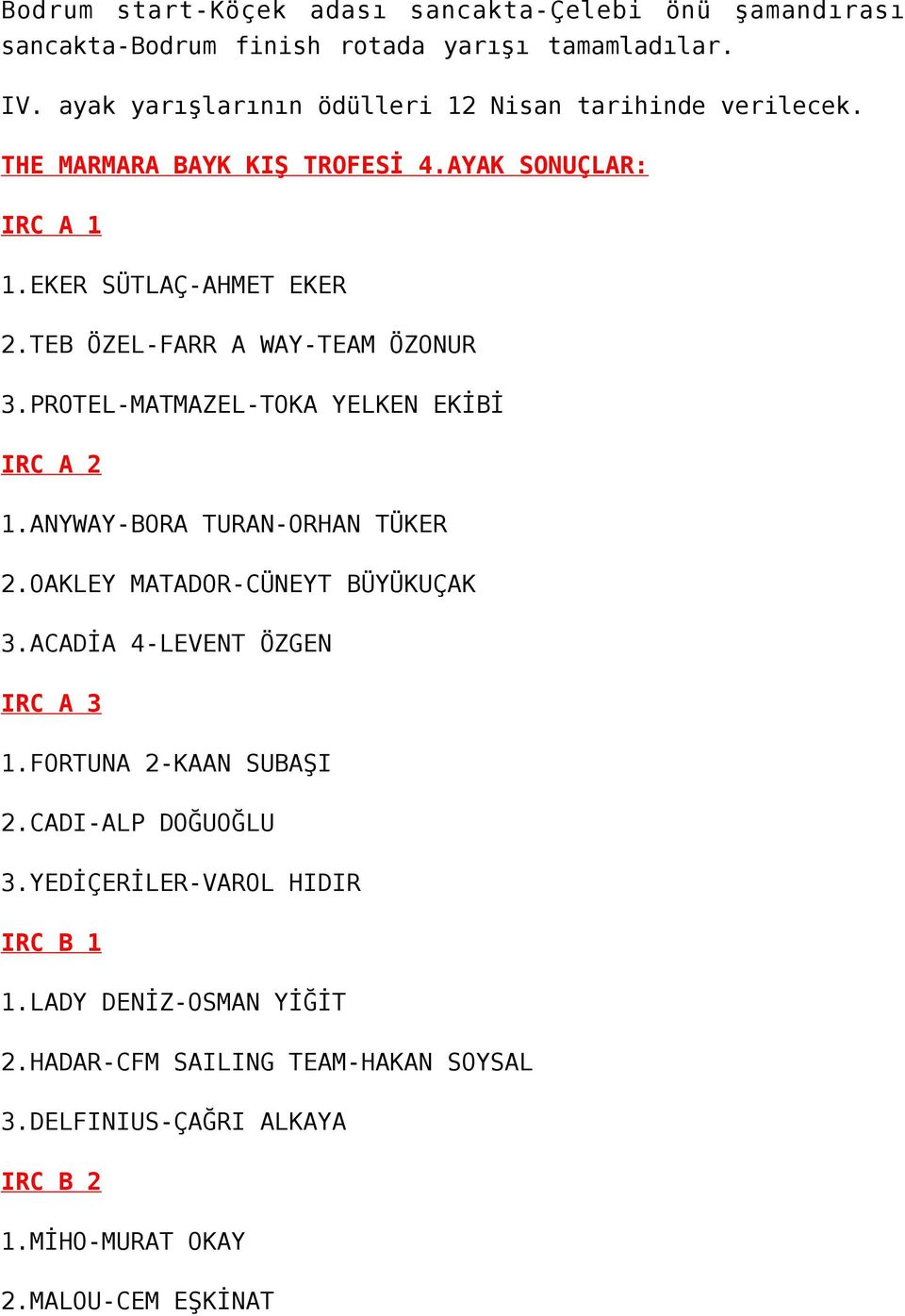 TEB ÖZEL-FARR A WAY-TEAM ÖZONUR 3.PROTEL-MATMAZEL-TOKA YELKEN EKİBİ IRC A 2 1.ANYWAY-BORA TURAN-ORHAN TÜKER 2.OAKLEY MATADOR-CÜNEYT BÜYÜKUÇAK 3.