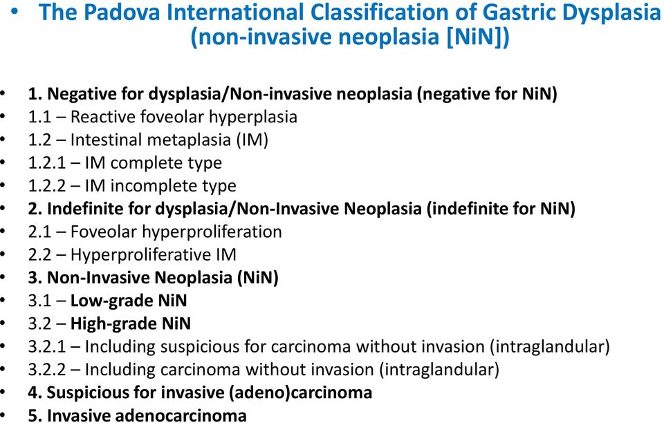 Indefinite for dysplasia/non-invasive Neoplasia (indefinite for NiN) 2.1 Foveolar hyperproliferation 2.2 Hyperproliferative IM 3. Non-Invasive Neoplasia (NiN) 3.