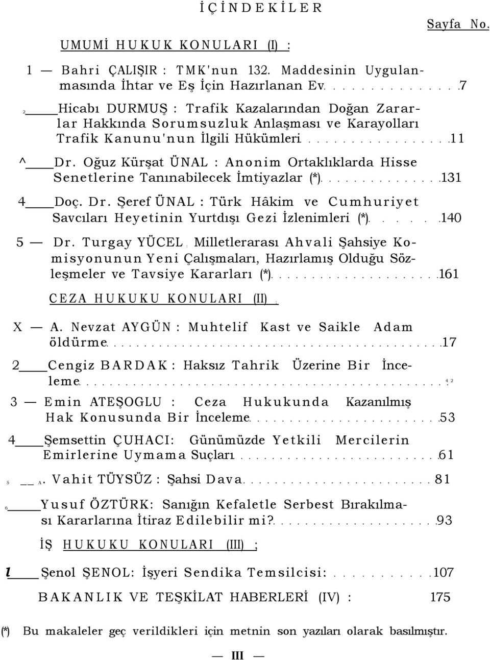 Oğuz Kürşat ÜNAL : Anonim Ortaklıklarda Hisse Senetlerine Tanınabilecek İmtiyazlar (*) 131 4 Doç. Dr. Şeref ÜNAL : Türk Hâkim ve Cumhuriyet Savcıları Heyetinin Yurtdışı Gezi İzlenimleri (*) 140 5 Dr.