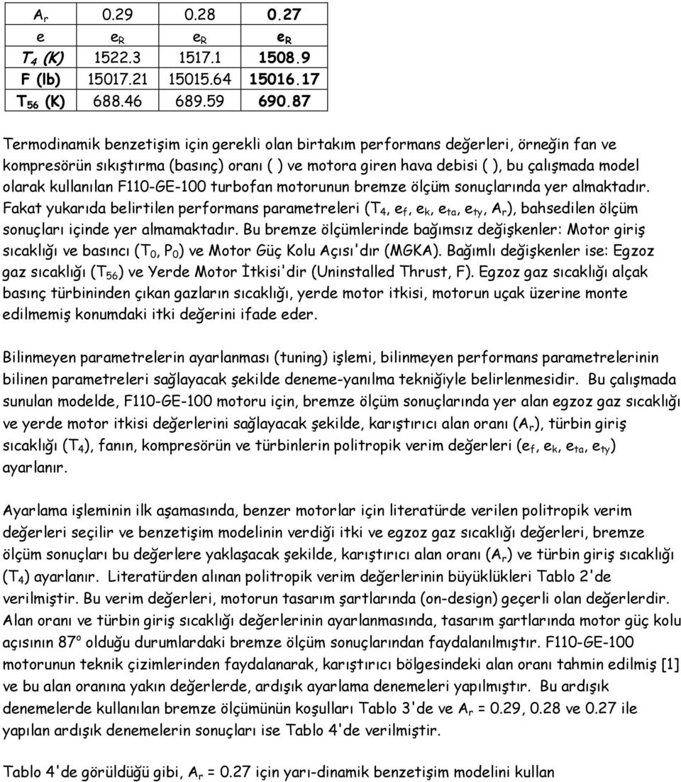 kullanılan F110-GE-100 turbofan motorunun bremze ölçüm sonuçlarında yer almaktadır.