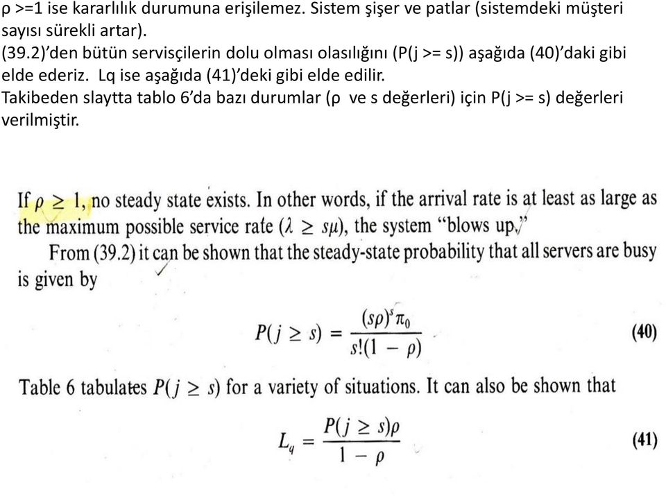 2) den bütün servisçilerin dolu olması olasılığını (P(j >= s)) aşağıda (40) daki gibi