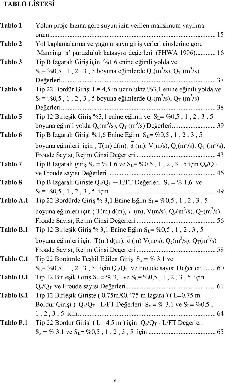 6 enine eğimli yolda ve S L = %0,5, 1, 2, 3, 5 boyuna eğimlerde Q c (m 3 /s), Q T (m 3 /s) Değerleri.