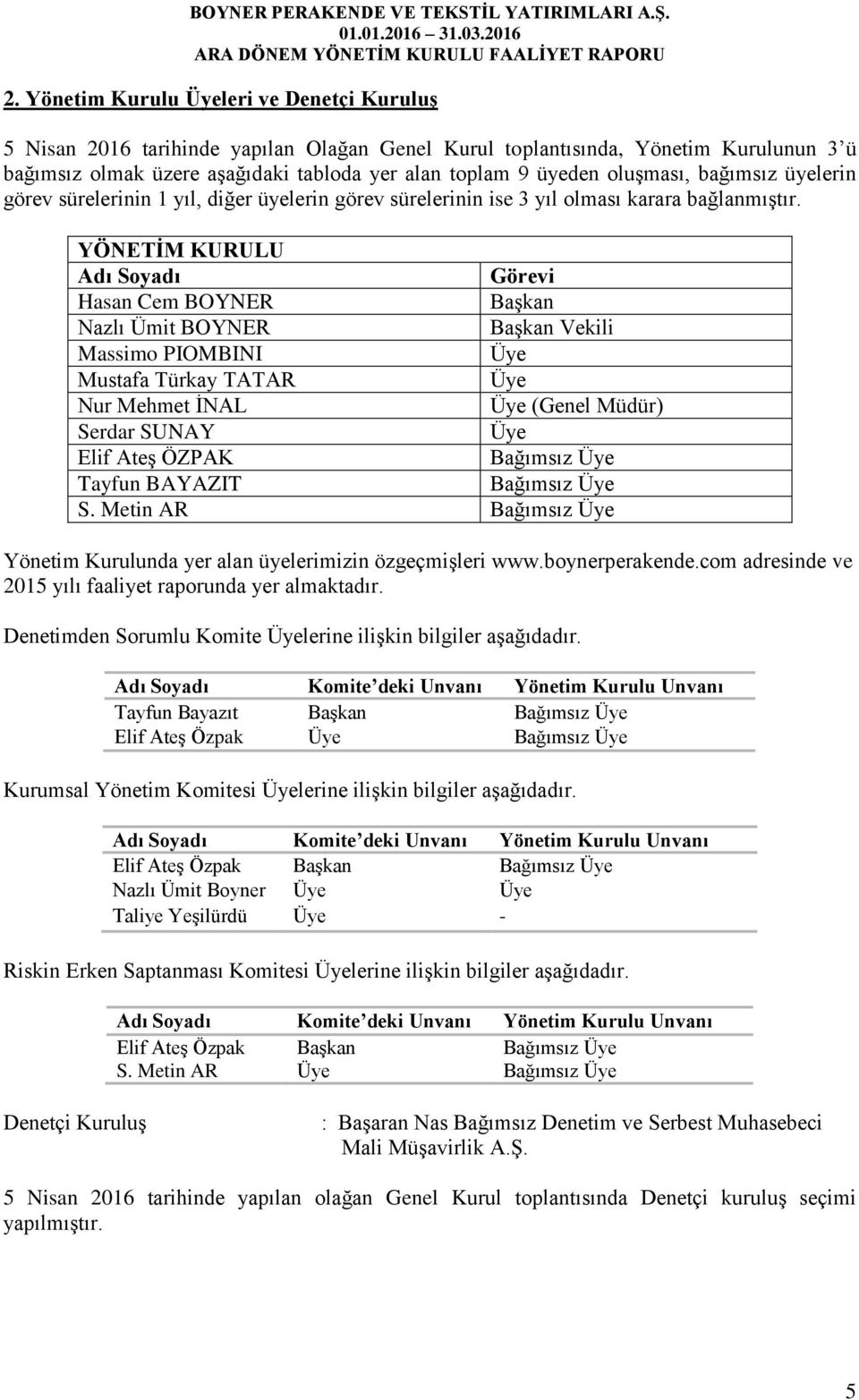 YÖNETİM KURULU Adı Soyadı Görevi Hasan Cem BOYNER Başkan Nazlı Ümit BOYNER Başkan Vekili Massimo PIOMBINI Üye Mustafa Türkay TATAR Üye Nur Mehmet İNAL Üye (Genel Müdür) Serdar SUNAY Üye Elif Ateş