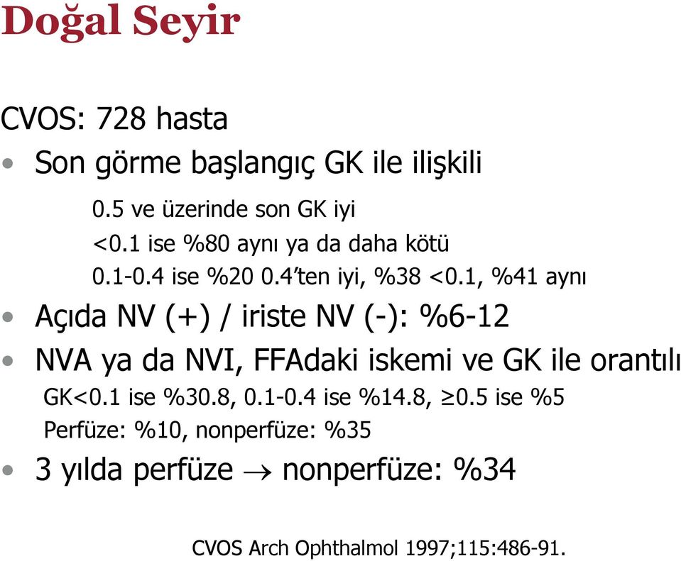 1, %41 aynı Açıda NV (+) / iriste NV (-): %6-12 NVA ya da NVI, FFAdaki iskemi ve GK ile orantılı GK<0.