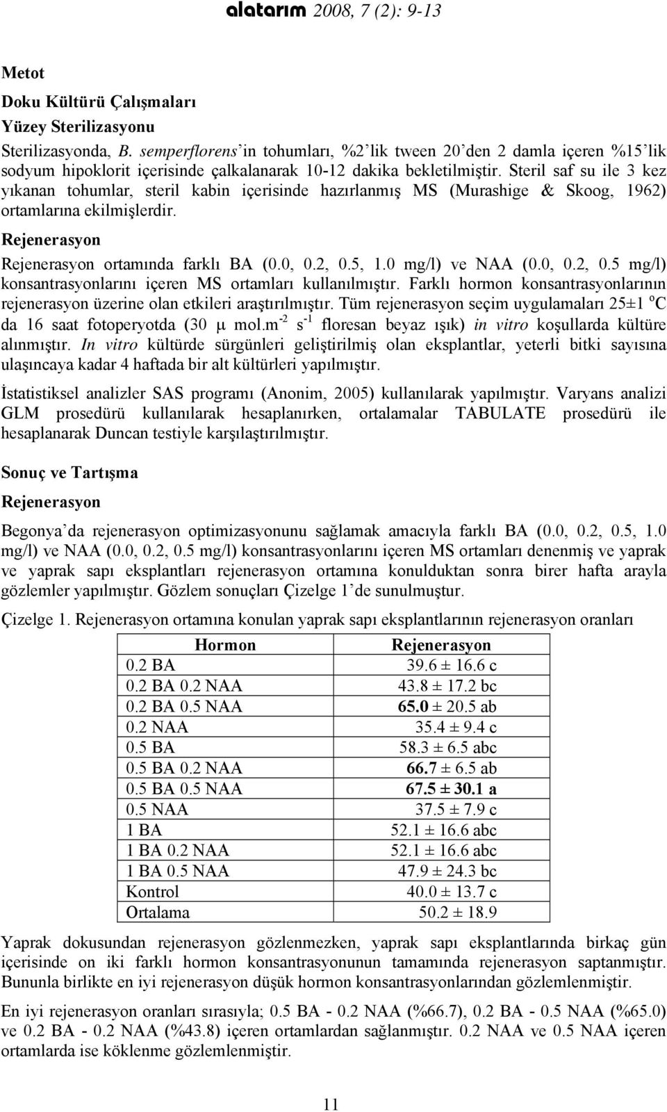 Steril saf su ile 3 kez yıkanan tohumlar, steril kabin içerisinde hazırlanmış MS (Murashige & Skoog, 1962) ortamlarına ekilmişlerdir. Rejenerasyon Rejenerasyon ortamında farklı BA (0.0, 0.2, 0.5, 1.