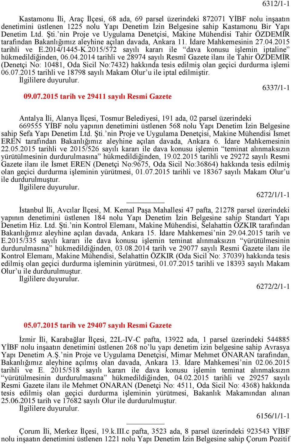 2015/572 sayılı kararı ile dava konusu işlemin iptaline hükmedildiğinden, 06.04.