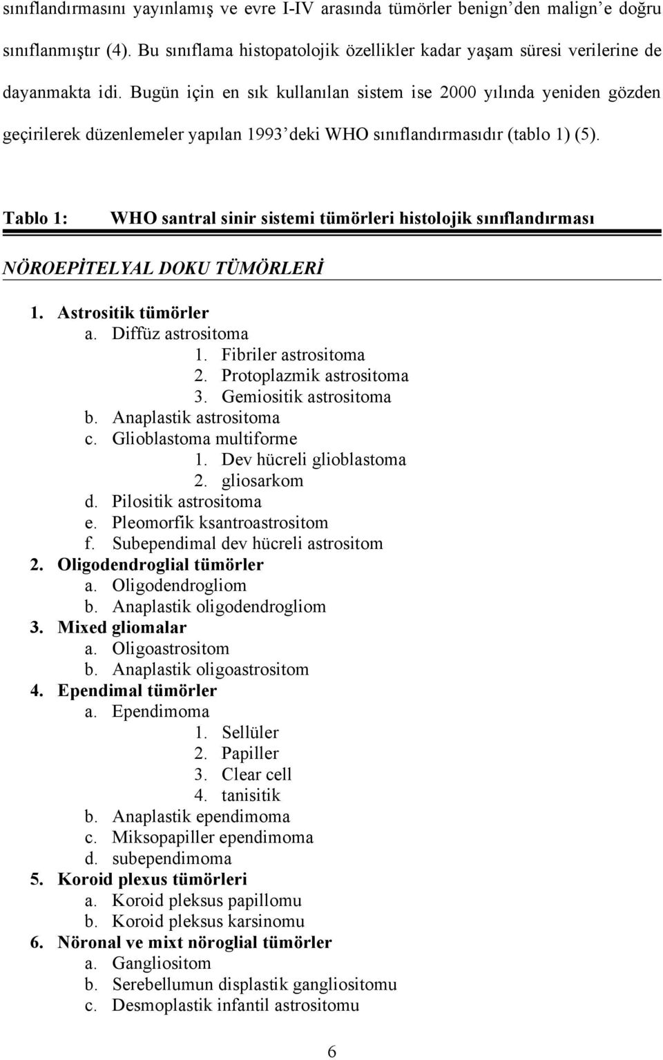 Tablo 1: WHO santral sinir sistemi tümörleri histolojik sınıflandırması NÖROEPİTELYAL DOKU TÜMÖRLERİ 1. Astrositik tümörler a. Diffüz astrositoma 1. Fibriler astrositoma 2. Protoplazmik astrositoma 3.