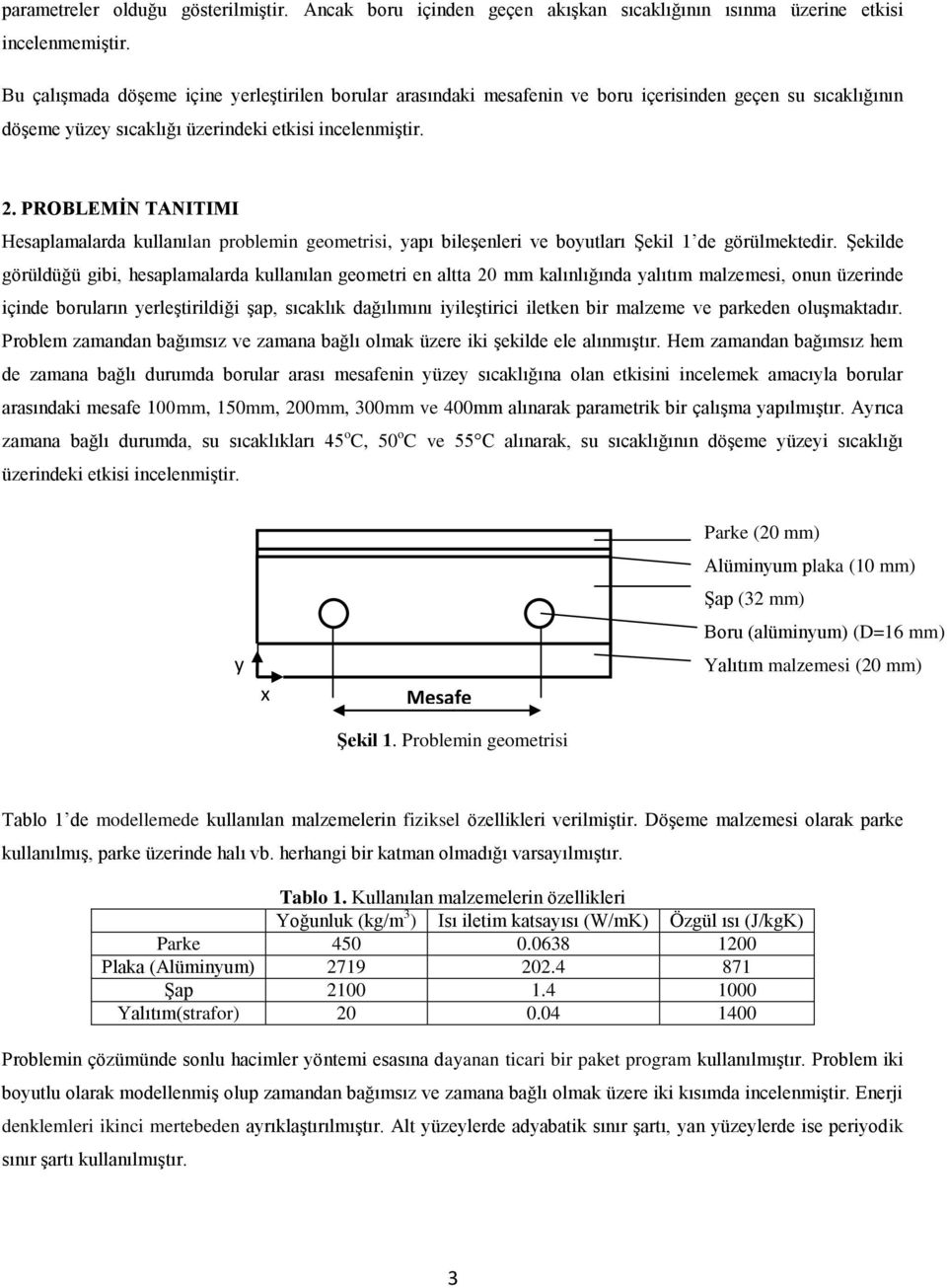 PROBLEMİN TANITIMI Hesaplamalarda kullanılan problemin geometrisi, yapı bileşenleri ve boyutları Şekil 1 de görülmektedir.