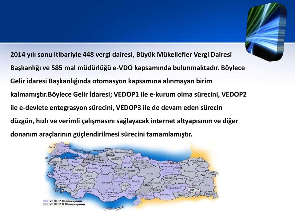 böylece Gelir İdaresi; VEDOP1 ile e-kurum olma sürecini, VEDOP2 ile e-devlete entegrasyon sürecini, VEDOP3 ile de devam