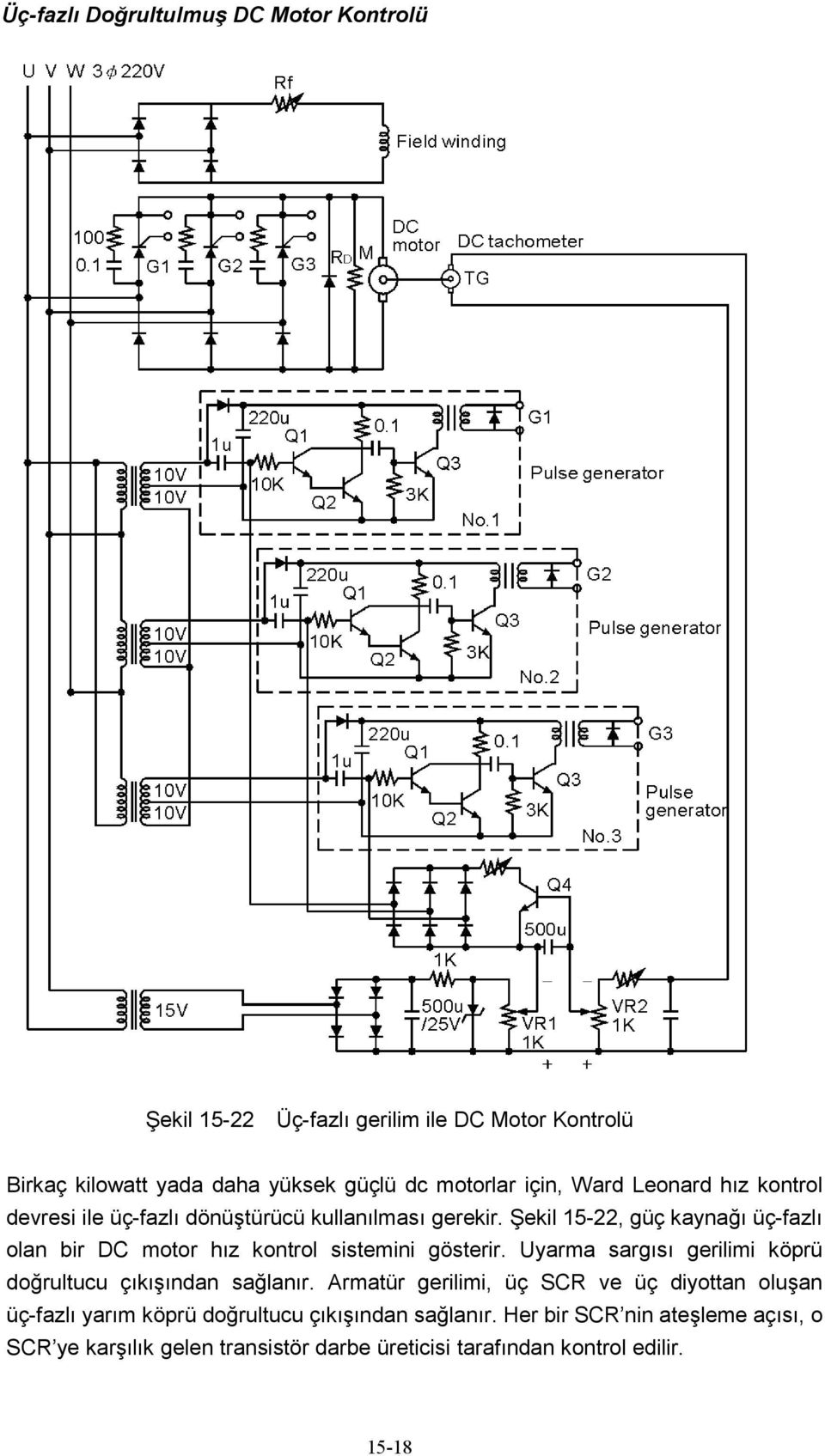 Şekil 15-22, güç kaynağı üç-fazlı olan bir DC motor hız kontrol sistemini gösterir. Uyarma sargısı gerilimi köprü doğrultucu çıkışından sağlanır.