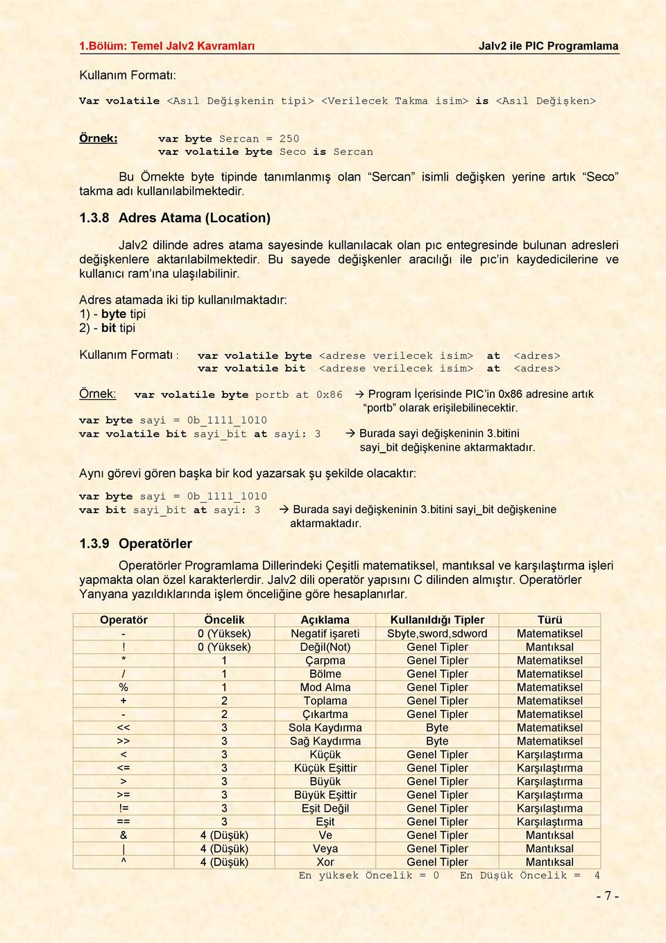 değişkenlere aktarılabilmektedir Bu sayede değişkenler aracılığı ile pıc in kaydedicilerine ve kullanıcı ram ına ulaşılabilinir Adres atamada iki tip kullanılmaktadır: 1) - byte tipi 2) - bit tipi