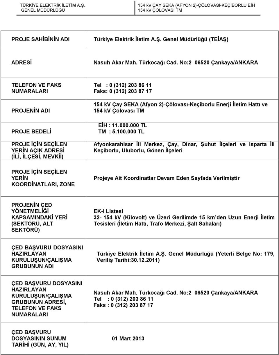 SEKA (Afyon 2)-Çölovası-Keçiborlu Enerji İletim Hattı ve 154 kv Çölovası TM EİH : 11.000.000 TL TM : 5.100.