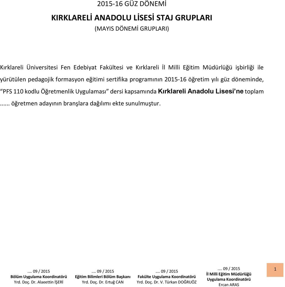 kapsamında Kırklareli Anadolu Lisesi ne toplam... öğretmen adayının branşlara dağılımı ekte sunulmuştur. Bölüm Uygulama Koordinatörü Yrd. Doç. Dr.