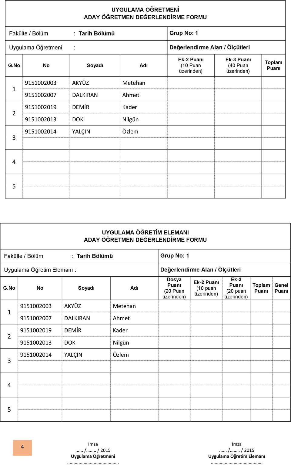 Tarih Bölümü Grup No: Uygulama Öğretim Elemanı : Değerlendirme Alan / Ölçütleri 90000 AKYÜZ Metehan 900007 DALKIRAN Ahmet Dosya (0 Puan Ek-