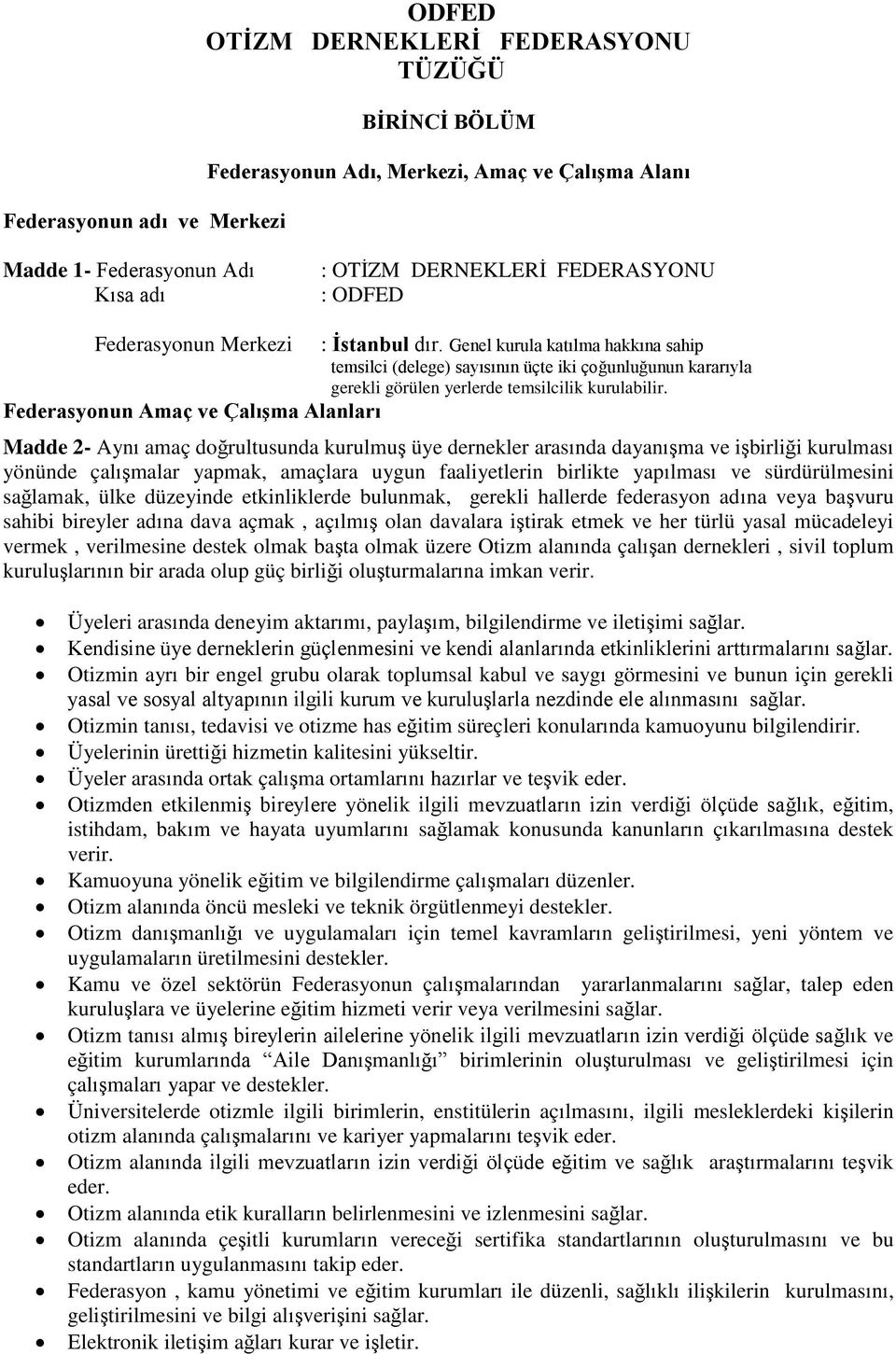 Federasyonun Amaç ve Çalışma Alanları Madde 2- Aynı amaç doğrultusunda kurulmuş üye dernekler arasında dayanışma ve işbirliği kurulması yönünde çalışmalar yapmak, amaçlara uygun faaliyetlerin