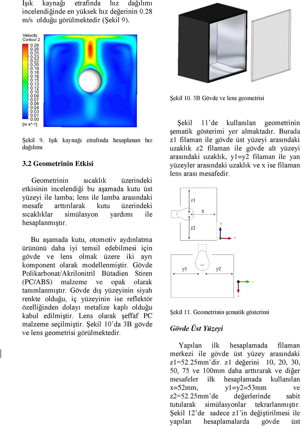 2 Geometrinin Etkisi Geometrinin sıcaklık üzerindeki etkisinin incelendiği bu aşamada kutu üst yüzeyi ile lamba; lens ile lamba arasındaki mesafe arttırılarak kutu üzerindeki sıcaklıklar simülasyon