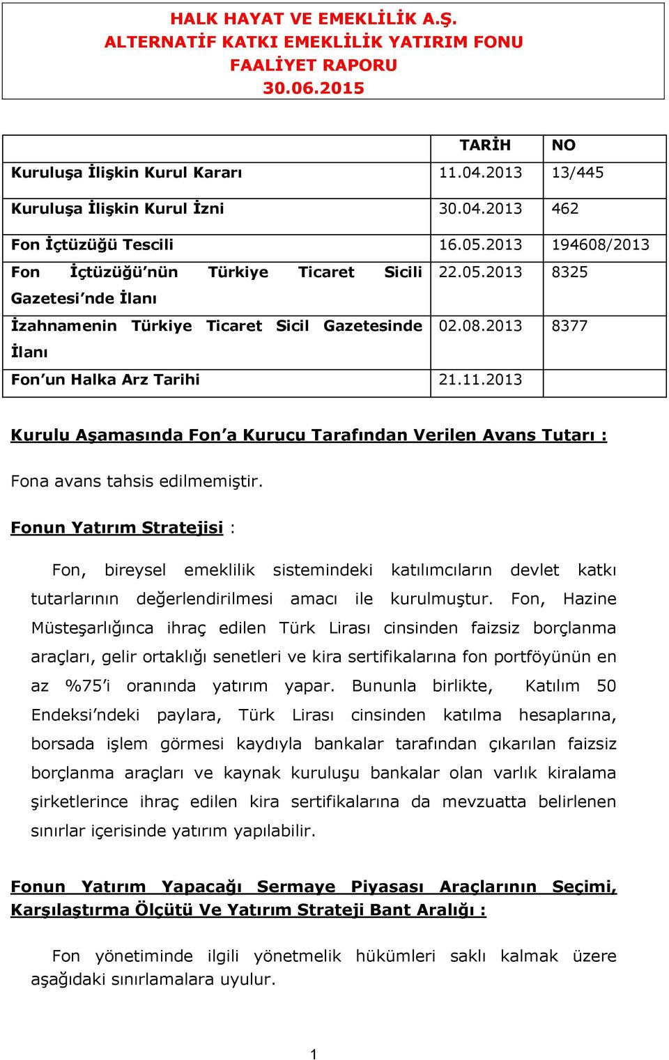 2013 Kurulu Aşamasında Fon a Kurucu Tarafından Verilen Avans Tutarı : Fona avans tahsis edilmemiştir.