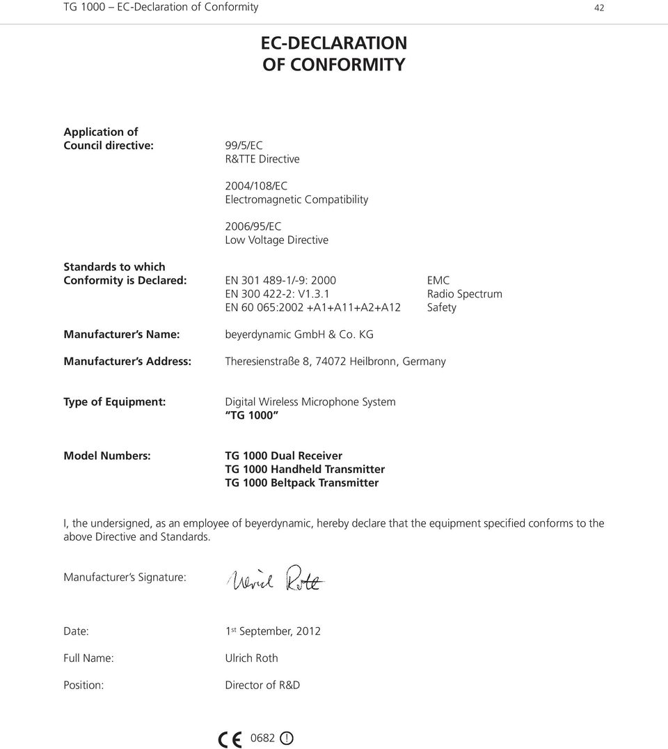 KG Theresienstraße 8, 74072 Heilbronn, Germany Type of Equipment: Digital Wireless Microphone System TG 1000 Model Numbers: TG 1000 Dual Receiver TG 1000 Handheld Transmitter TG 1000 Beltpack