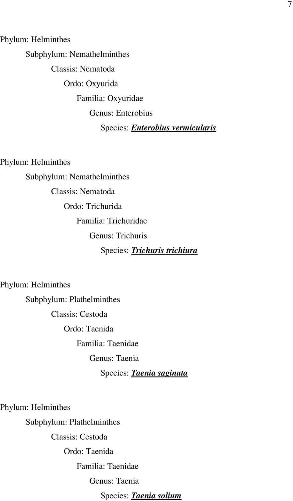 Trichuris trichiura Phylum: Helminthes Subphylum: Plathelminthes Classis: Cestoda Ordo: Taenida Familia: Taenidae Genus: Taenia Species: