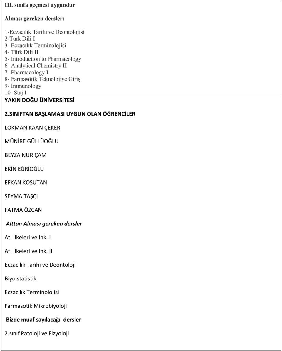 SINIFTAN BAŞLAMASI UYGUN OLAN ÖĞRENCİLER LOKMAN KAAN ÇEKER MÜNİRE GÜLLÜOĞLU BEYZA NUR ÇAM EKİN EĞRİOĞLU EFKAN KOŞUTAN ŞEYMA TAŞÇI