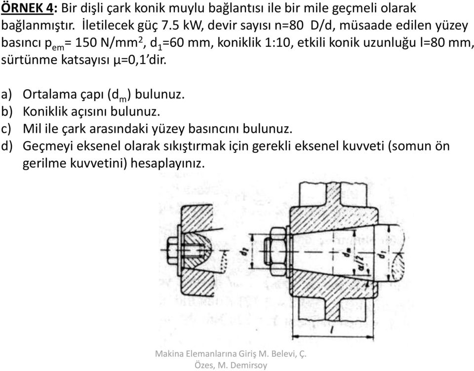 mm, sürtünme katsayısı μ=0,1 dir. a) Ortalama çapı (d m ) bulunuz. b) Koniklik açısını bulunuz.