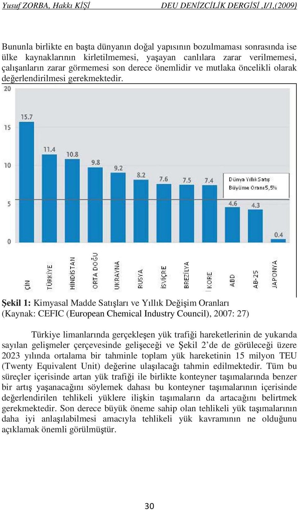 Şekil 1: Kimyasal Madde Satışları ve Yıllık Değişim Oranları (Kaynak: CEFIC (European Chemical Industry Council), 2007: 27) Türkiye limanlarında gerçekleşen yük trafiği hareketlerinin de yukarıda