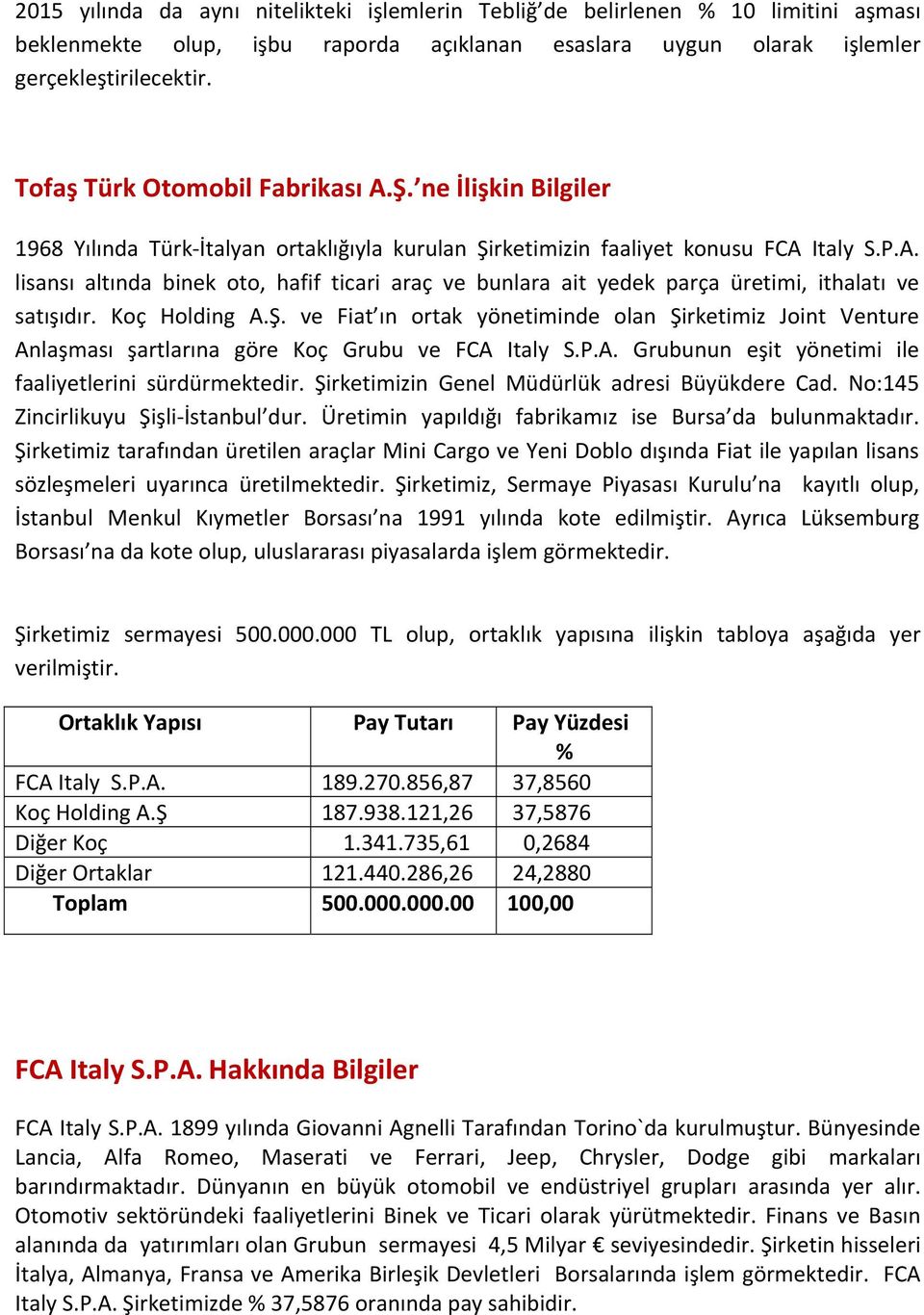 ne İlişkin Bilgiler 1968 Yılında Türk İtalyan ortaklığıyla kurulan Şirketimizin faaliyet konusu lisansı altında binek oto, hafif ticari araç ve bunlara ait yedek parça üretimi, ithalatı ve satışıdır.