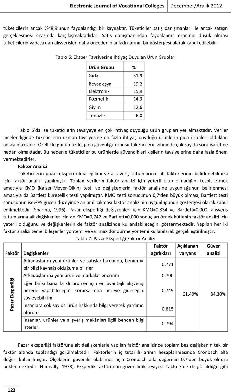 Tablo 6: Eksper Tavsiyesine İhtiyaç Duyulan Ürün Grupları Ürün Grubu % Gıda 31,9 Beyaz eşya 19,2 Elektronik 15,9 Kozmetik 14,3 Giyim 12,6 Temizlik 6,0 Tablo 6 da ise tüketicilerin tavsiyeye en çok