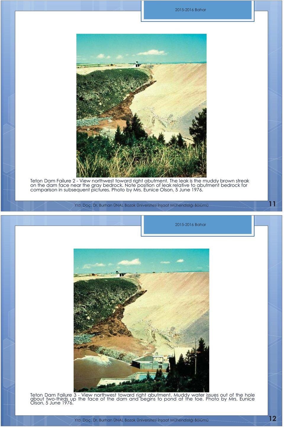 uran ÜNAL ozok Üniversitesi naat Müendislii ölümü 11 015-016 aar Teton Dam Failure 3 - View nortwest toward rigt abutment.