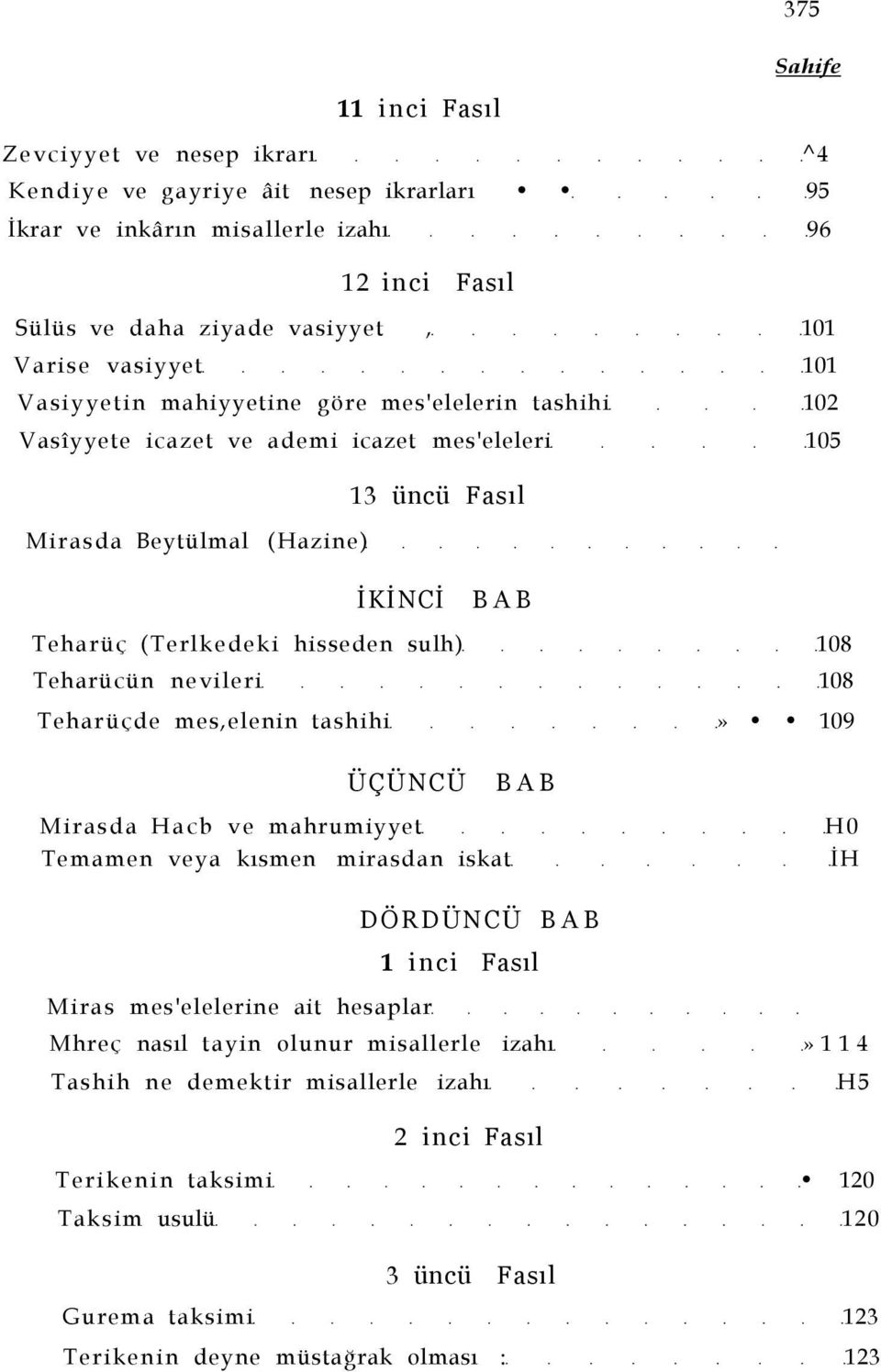 Teharücün nevileri 108 Teharüçde mes,elenin tashihi» 109 ÜÇÜNCÜ BAB Mirasda Hacb ve mahrumiyyet Temamen veya kısmen mirasdan iskat H0 İH DÖRDÜNCÜ BAB Miras mes'elelerine ait hesaplar