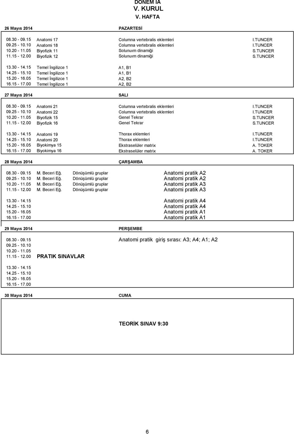 10 Anatomi 22 Columna vertebralis eklemleri I.TUNCER 10.20-11.05 Biyofizik 15 Genel Tekrar S.TUNCER 11.15-12.00 Biyofizik 16 Genel Tekrar S.TUNCER 13.30-14.15 Anatomi 19 Thorax eklemleri I.TUNCER 14.