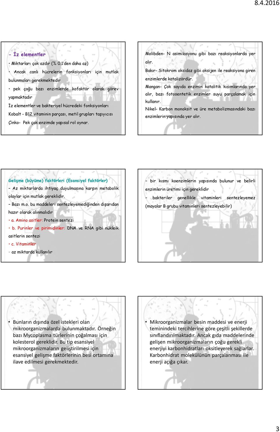 fonksiyonları Kobalt - B12 vitaminin parçası, metil grupları taşıyıcısı Çinko- Pek çok enzimde yapısal rol oynar. Molibden- N asimilasyonu gibi bazı reaksiyonlarda yer alır.