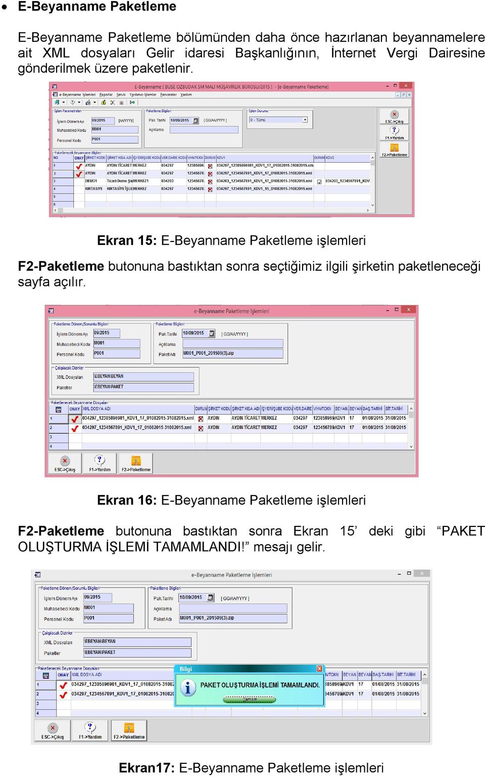 Ekran 15: E-Beyanname Paketleme işlemleri F2-Paketleme butonuna bastıktan sonra seçtiğimiz ilgili şirketin paketleneceği sayfa