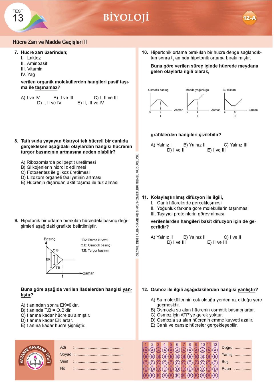 12-A. Hücre Zarı ve Madde Geçişleri II TEST - PDF Free Download