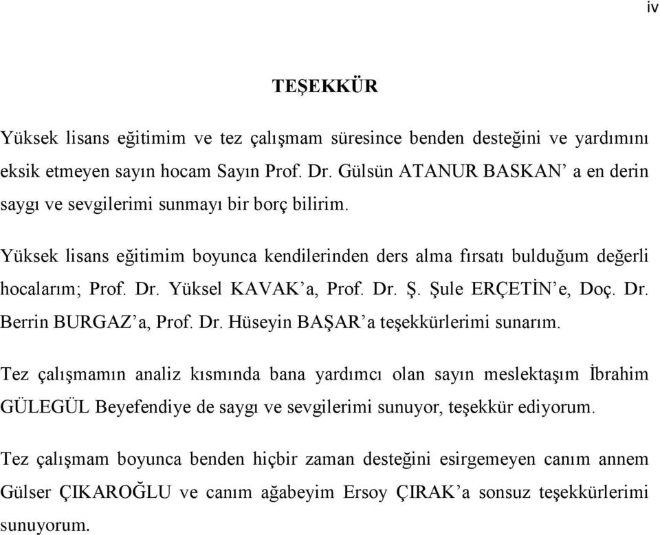 Yüksel KAVAK a, Prof. Dr. Ş. Şule ERÇETİN e, Doç. Dr. Berrin BURGAZ a, Prof. Dr. Hüseyin BAŞAR a teşekkürlerimi sunarım.