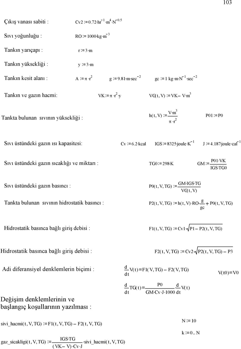 K 1 J 4.187. joule. cal 1 Sıvı üstündeki gazın sıcaklığı ve iktarı : T 298. K M 1. VK IS. T Sıvı üstündeki gazın basıncı : ( t, V, M. IS. T V( t, Tankta bulunan sıvının hidrostatik basıncı : P2( t, V, h( t,.