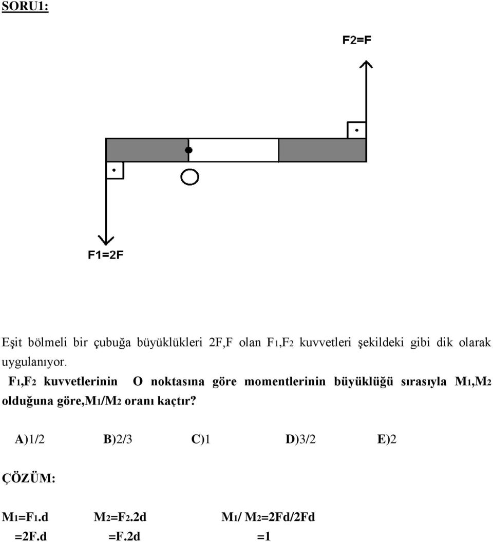 F1,F2 kuvvetlerinin O noktasına göre momentlerinin büyüklüğü sırasıyla