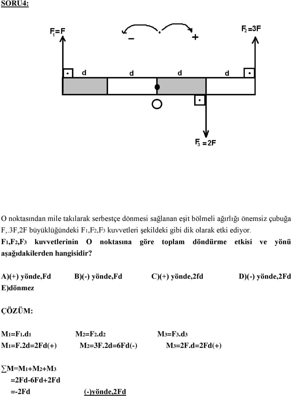 F1,F2,F3 kuvvetlerinin O noktasına göre toplam döndürme etkisi ve yönü aşağıdakilerden hangisidir?