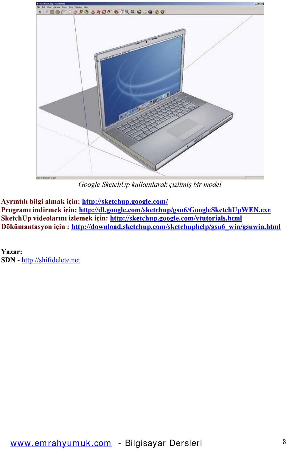 exe SketchUp videolarını izlemek için: http://sketchup.google.com/vtutorials.