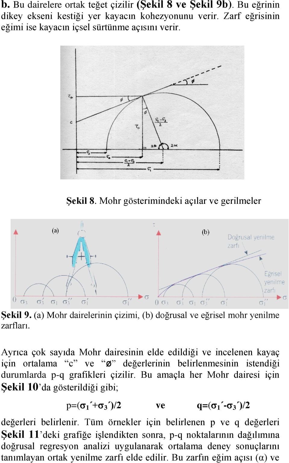 Ayrıca çok sayıda Mohr dairesinin elde edildiği ve incelenen kayaç için ortalama c ve ø değerlerinin belirlenmesinin istendiği durumlarda p-q grafikleri çizilir.