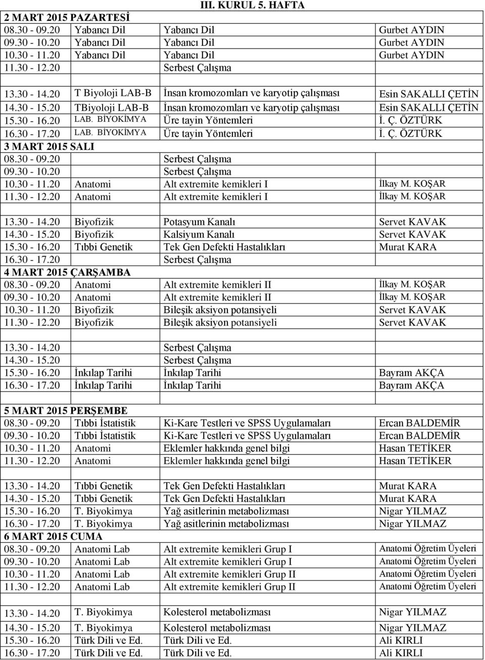 30-12.20 Anatomi Alt extremite kemikleri I İlkay M. KOŞAR Biyofizik Potasyum Kanalı Servet KAVAK Biyofizik Kalsiyum Kanalı Servet KAVAK 15.30-16.