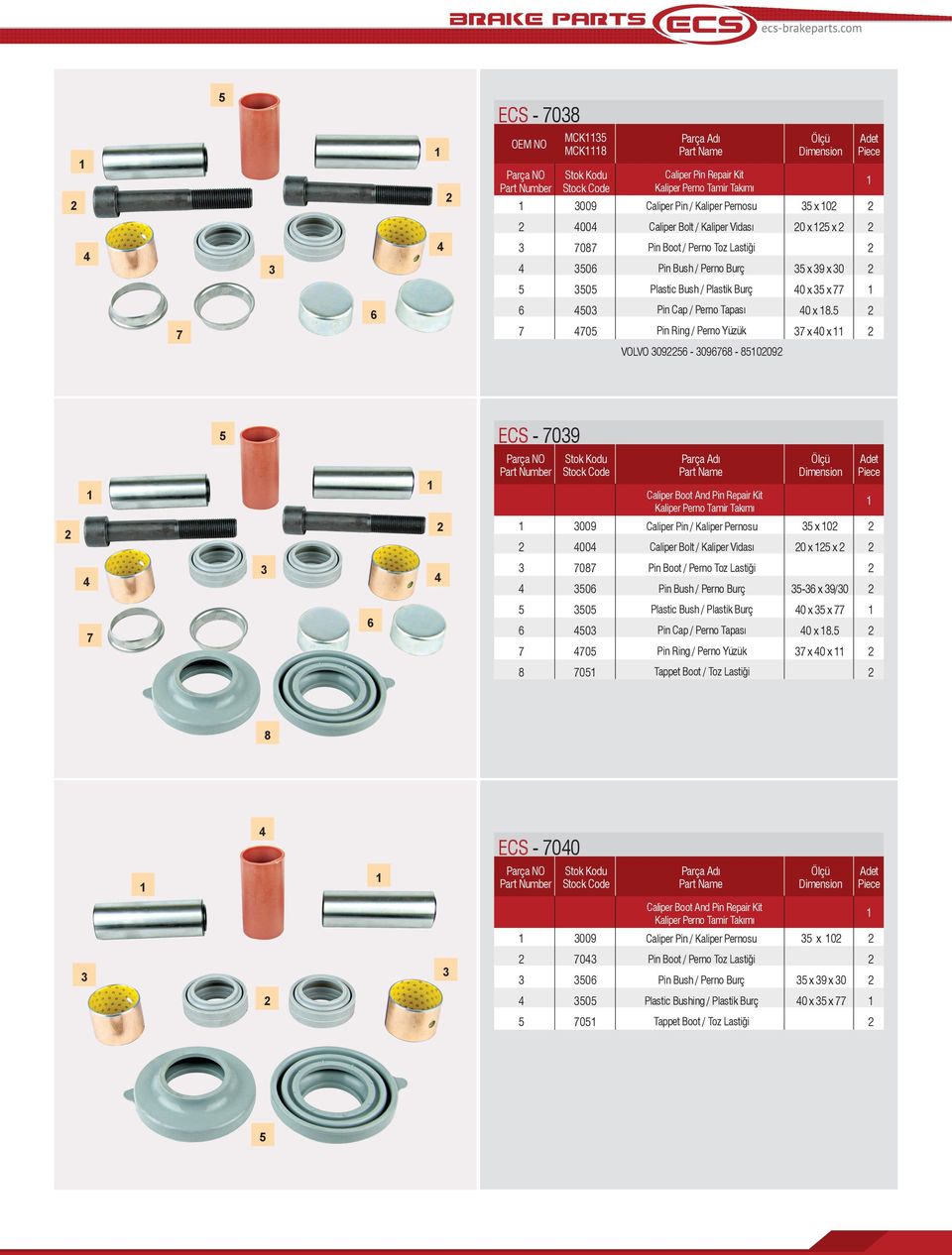 x 0 x ECS - 09 009 00 Caliper Boot And Pin Repair Kit Kaliper Perno Tamir Takımı Caliper Pin / Kaliper Pernosu Caliper Bolt / Kaliper Vidası x 0 0 x x 08 0 Pin Boot / Perno Toz Lastiği Pin Bush /