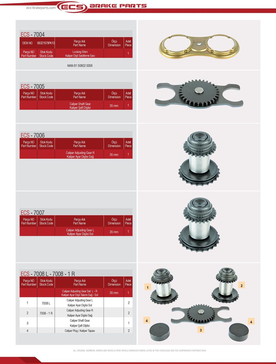 Dişli Takımı Sağ - Sol mm 008 L 008 - R Caliper Adjusting Gear L Kaliper Ayar Dişlisi Sol Caliper Adjusting Gear R Kaliper Ayar Dişlisi Sağ Caliper Shaft Gear