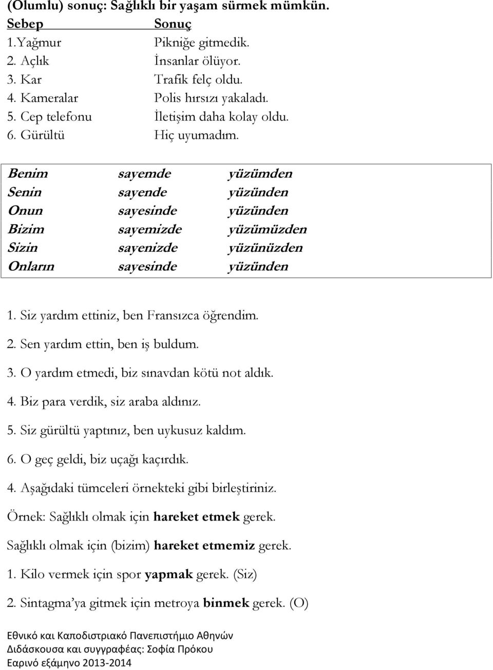 Benim sayemde yüzümden Senin sayende yüzünden Onun sayesinde yüzünden Bizim sayemizde yüzümüzden Sizin sayenizde yüzünüzden Onların sayesinde yüzünden 1. Siz yardım ettiniz, ben Fransızca öğrendim. 2.