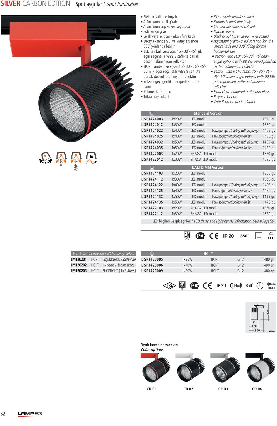 temperli koruma camı Polimer kit kutusu Trifaze ray soketli Extruded aluminium body Black or light grey carbon vinyl coated Adjustability allows 90 rotation for the vertical axis and 3 tilting for